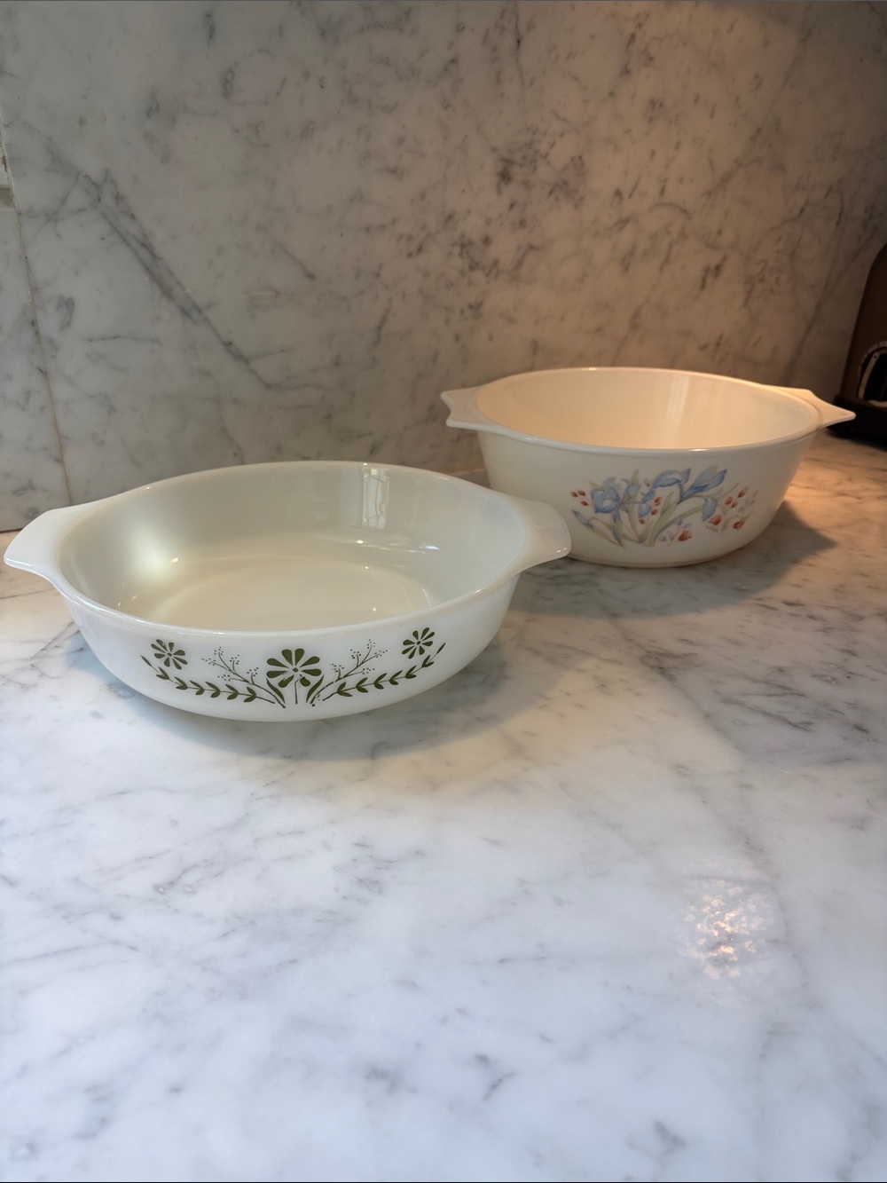 Two Oven/Table Casserole Dishes 1 Olive Green Floral & 1 Pyrex England Floral